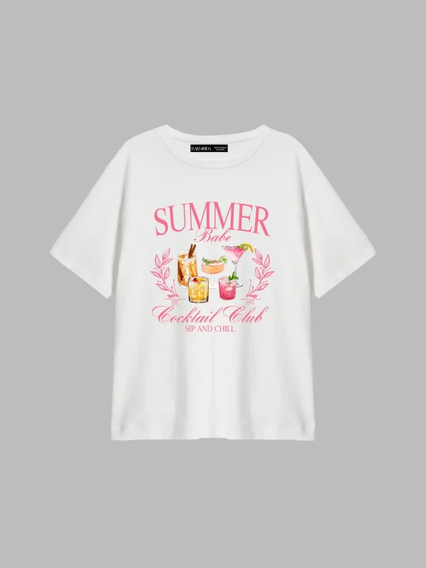 Summer Cocktail Baskılı Relaxed Fit Beyaz Kadın Tshirt
