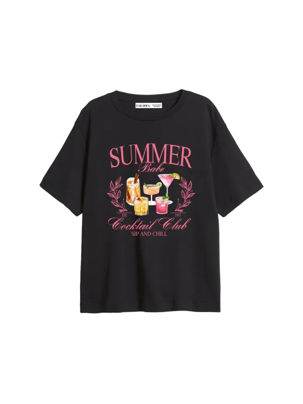 Summer Cocktail Baskılı Relaxed Fit Siyah Kadın Tshirt