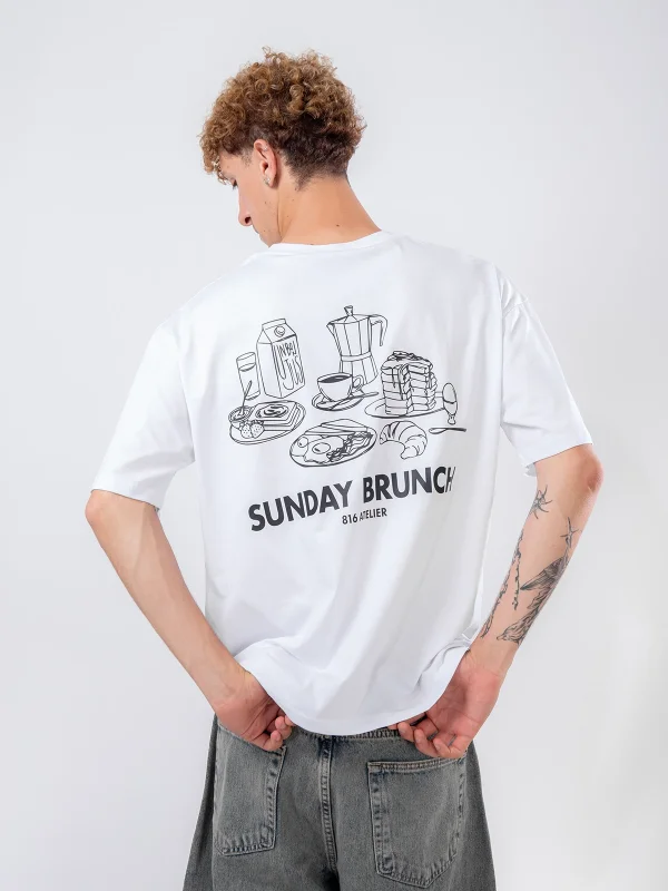 Sunday Brunch Sırt Baskılı Beyaz Oversize Tshirt