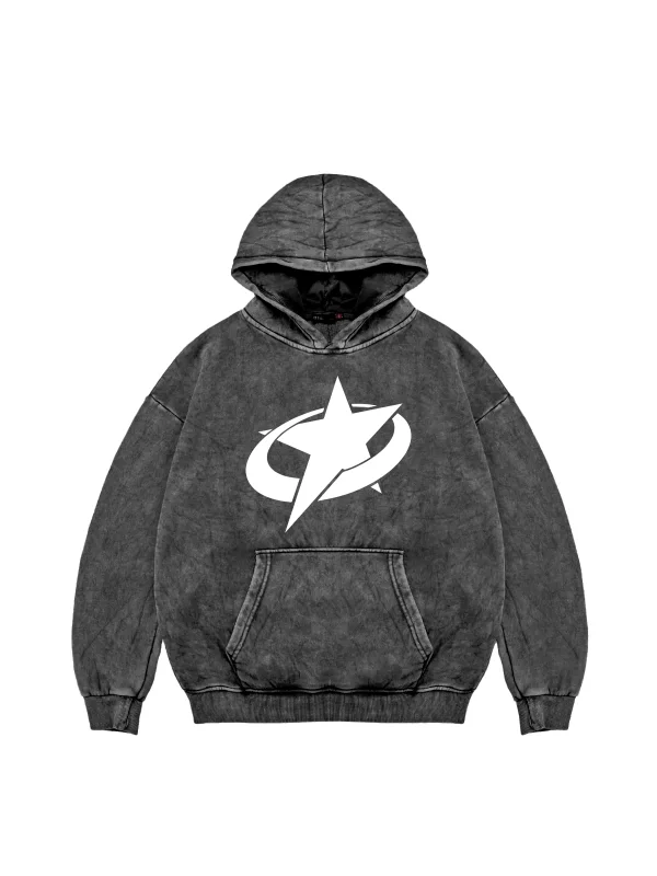 Supernova Beyaz Baskılı Oversize Unisex Premium Yıkamalı Siyah Hoodie
