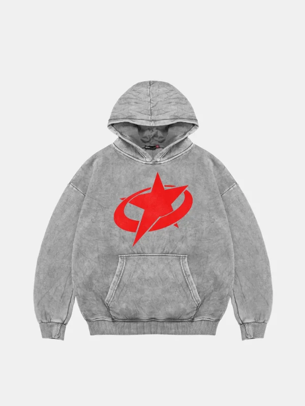 Supernova Kırmızı Baskılı Oversize Unisex Premium Yıkamalı Beyaz Hoodie