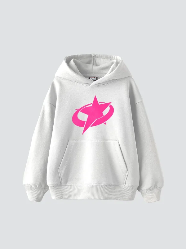 Supernova Pembe Baskılı Oversize Unisex Premium Beyaz Hoodie