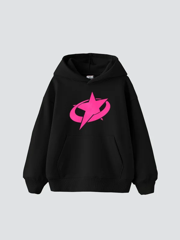 Supernova Pembe Baskılı Oversize Unisex Premium Siyah Hoodie