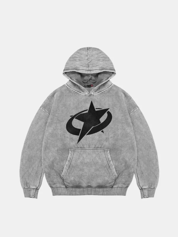 Supernova Siyah Baskılı Oversize Unisex Premium Yıkamalı Beyaz Hoodie
