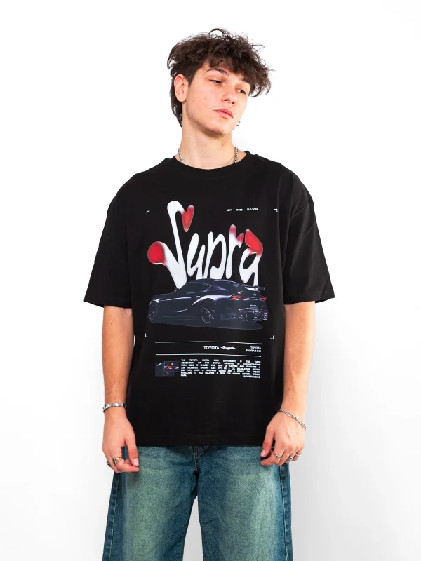 Supra Baskılı Oversize Unisex Siyah Tshirt