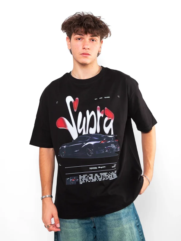 Supra Baskılı Oversize Unisex Siyah Tshirt