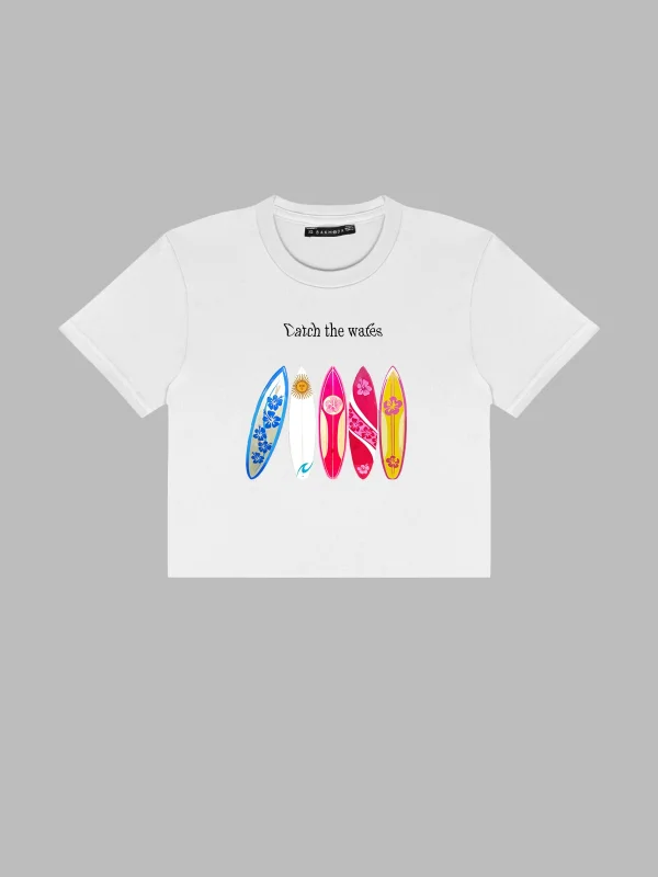 Surfer Baskılı Beyaz Crop Top