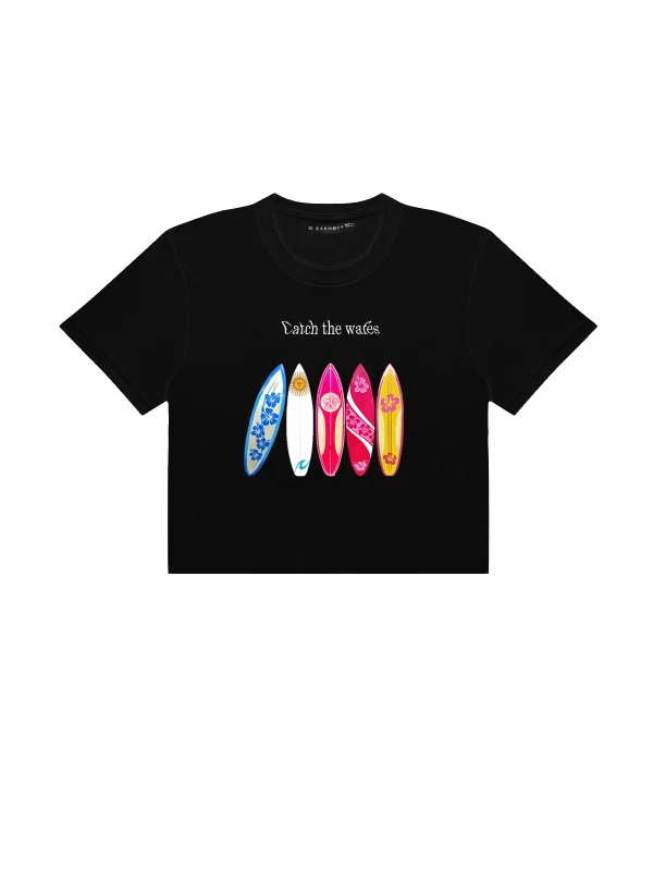 Surfer Baskılı Siyah Crop Top