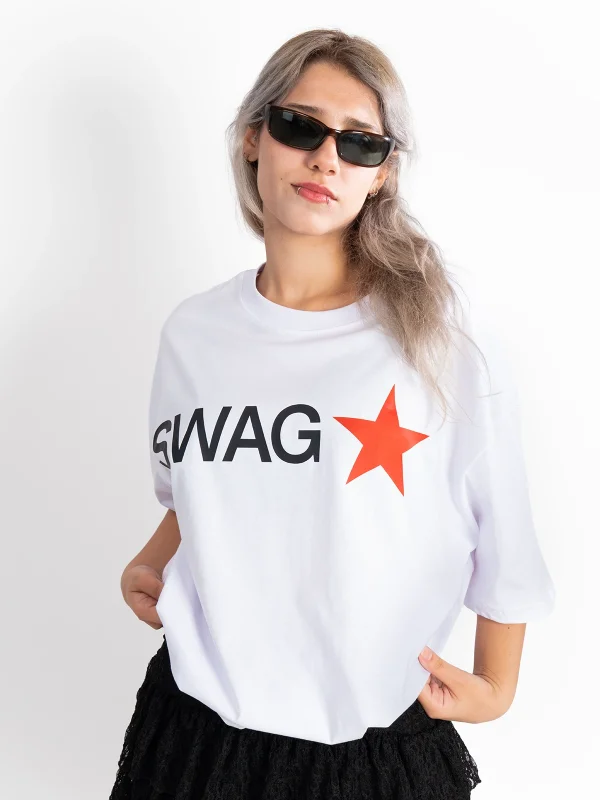 Swag Star Baskılı Oversize Beyaz Tshirt