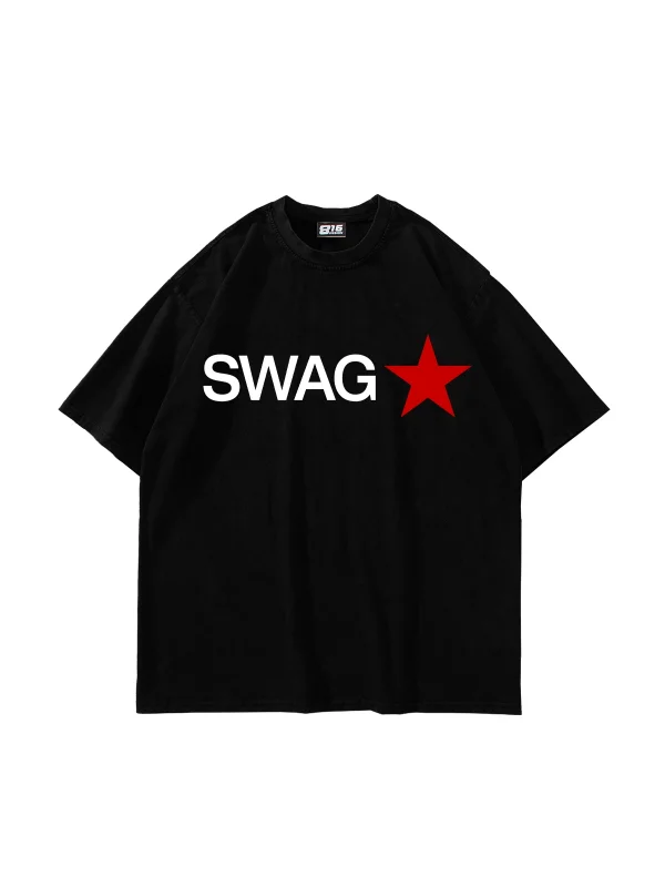 Swag Star Baskılı Oversize Siyah Tshirt