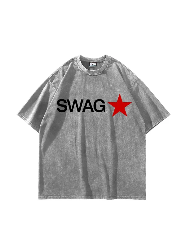 Swag Star Baskılı Oversize Yıkamalı Beyaz Tshirt