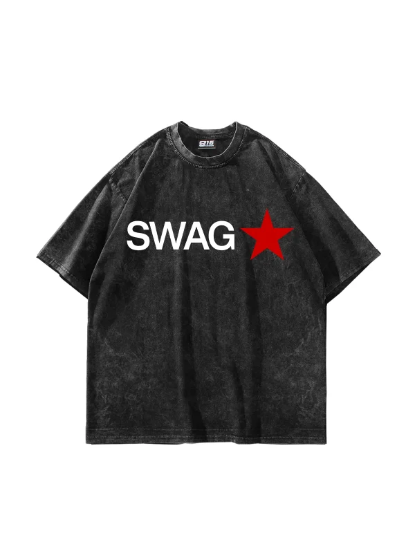 Swag Star Baskılı Oversize Yıkamalı Siyah Tshirt