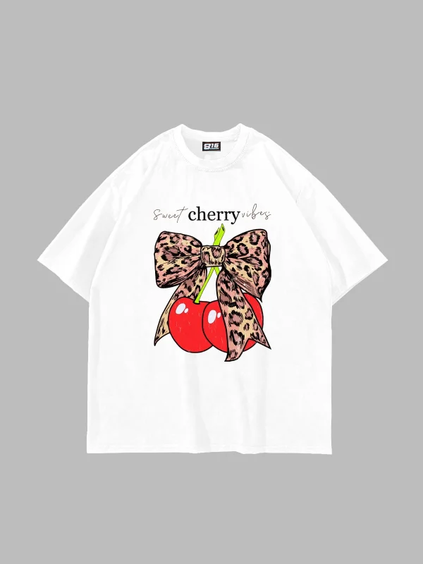 Sweet Cherry Vibes Baskılı Oversize Unisex Beyaz Tshirt