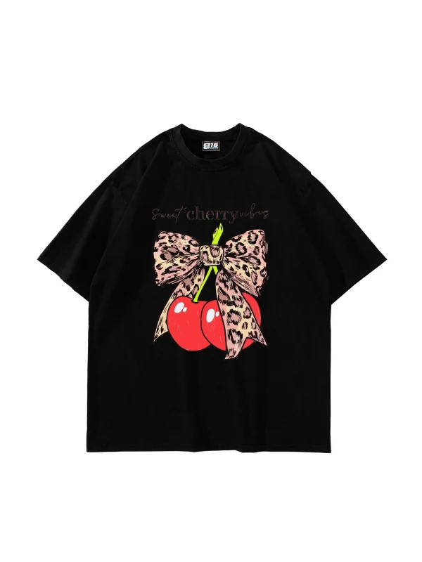 Sweet Cherry Vibes Baskılı Oversize Unisex Siyah Tshirt