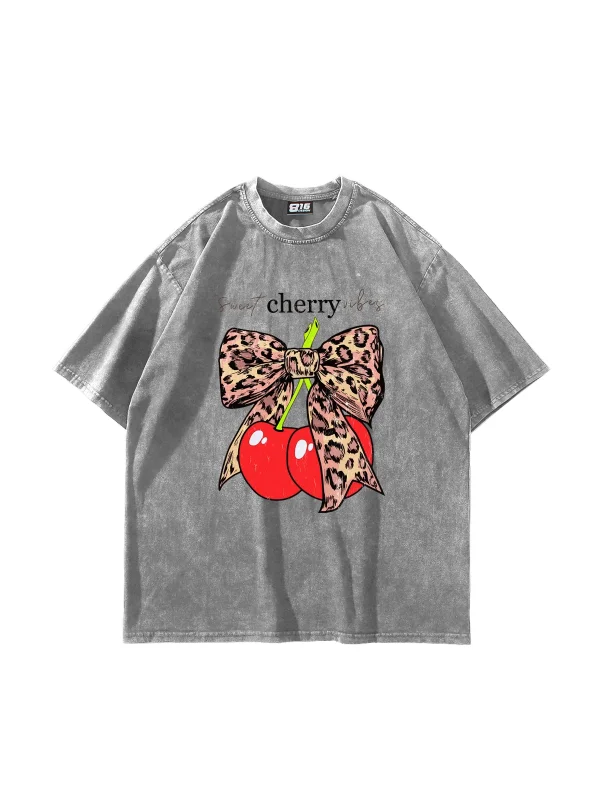 Sweet Cherry Vibes Baskılı Oversize Unisex Yıkamalı Beyaz Tshirt