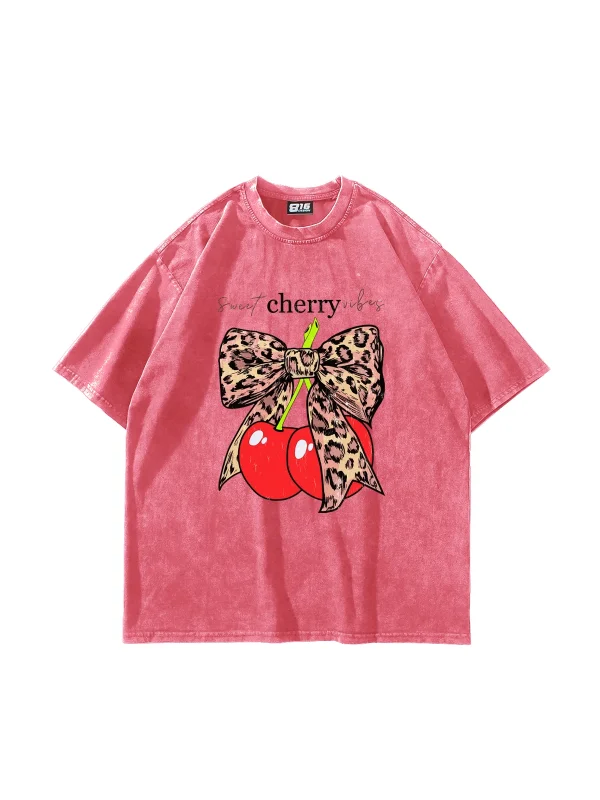 Sweet Cherry Vibes Baskılı Oversize Unisex Yıkamalı Pembe Tshirt