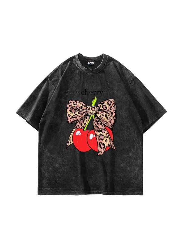 Sweet Cherry Vibes Baskılı Oversize Unisex Yıkamalı Siyah Tshirt
