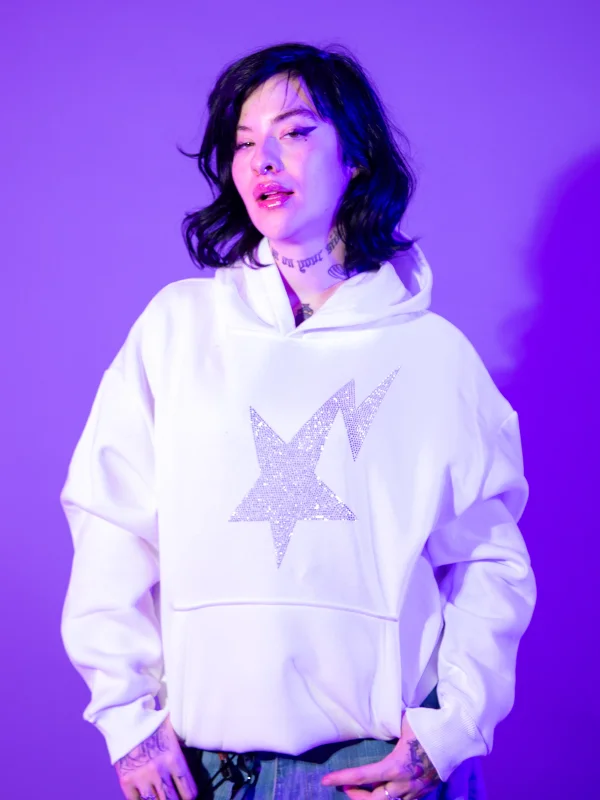 Taş Baskı Shining Star Oversize Unisex Premium Beyaz Hoodie