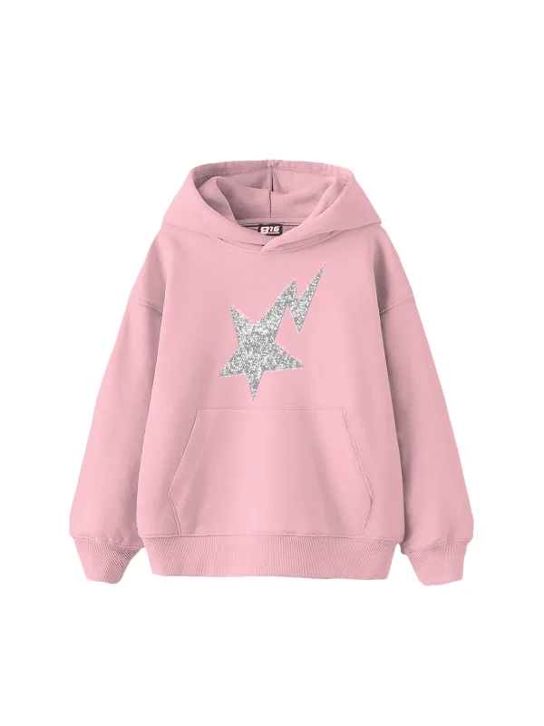 Taş Baskı Shining Star Oversize Unisex Premium Pembe Hoodie