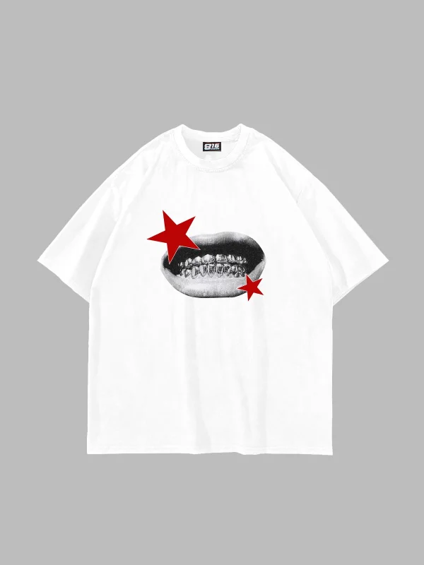 Teeth Star Baskılı Oversize Unisex Beyaz Tshirt
