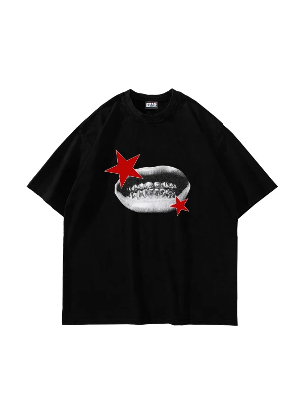 Teeth Star Baskılı Oversize Unisex Siyah Tshirt