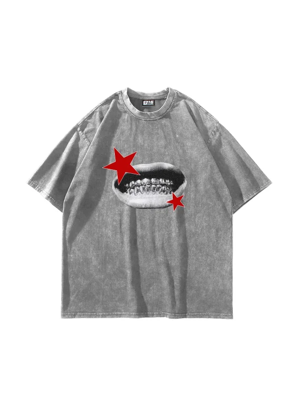 Teeth Star Baskılı Oversize Unisex Yıkamalı Beyaz Tshirt