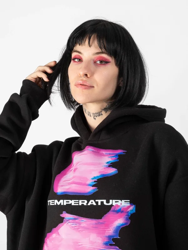 Temperature Baskılı Oversize Unisex Siyah Hoodie