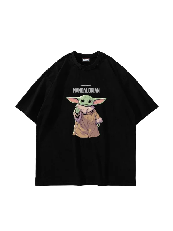The Mandalorian Yoda Baskılı 24/1 Oversize Unisex Siyah Tshirt