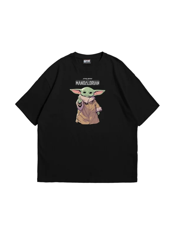 The Mandalorian Yoda Baskılı 24/1 Oversize Unisex Siyah Tshirt
