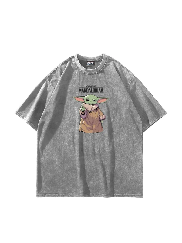 The Mandalorian Yoda Baskılı 24/1 Oversize Unisex Yıkamalı Beyaz Tshirt