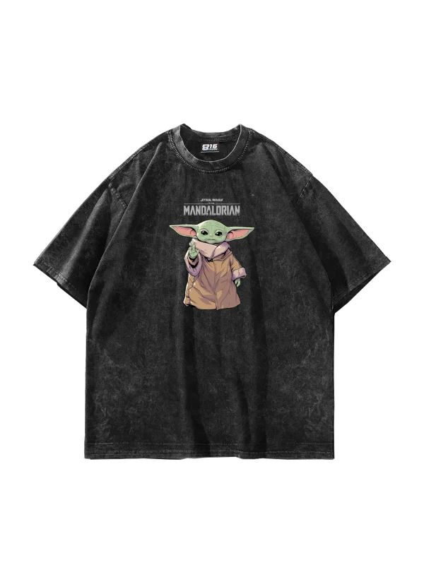 The Mandalorian Yoda Baskılı 24/1 Oversize Unisex Yıkamalı Siyah Tshirt