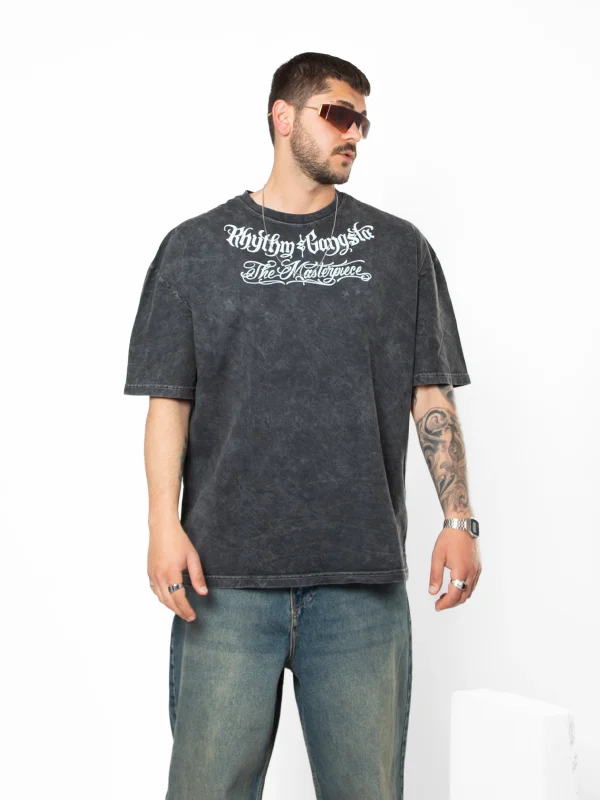 The Masterpiece Graffity Baskılı Oversize Unisex Yıkamalı Siyah Tshirt