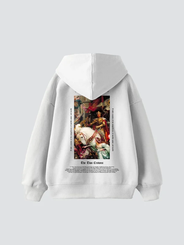 The Two Crowns Baskılı Oversize Unisex Premium Beyaz Hoodie