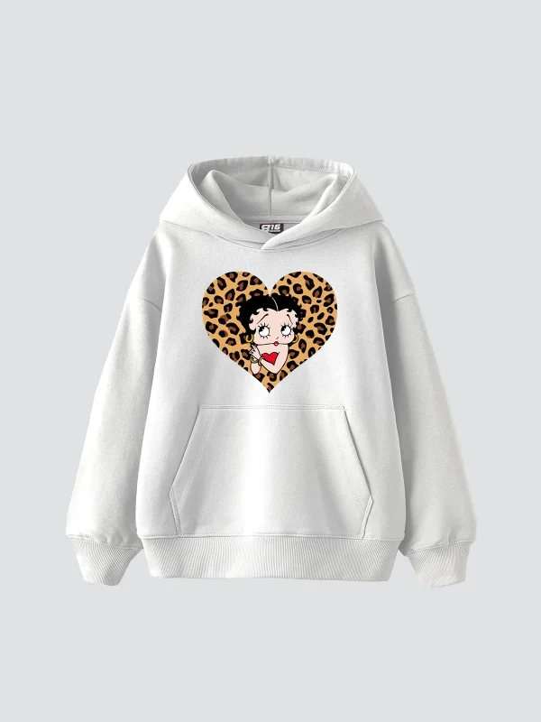 Betty Boops Baskılı Oversize Unisex Premium Beyaz Hoodie