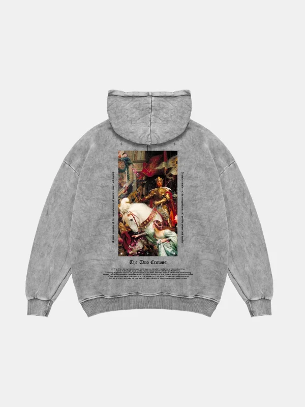 The Two Crowns Baskılı Oversize Unisex Premium Yıkamalı Beyaz Hoodie