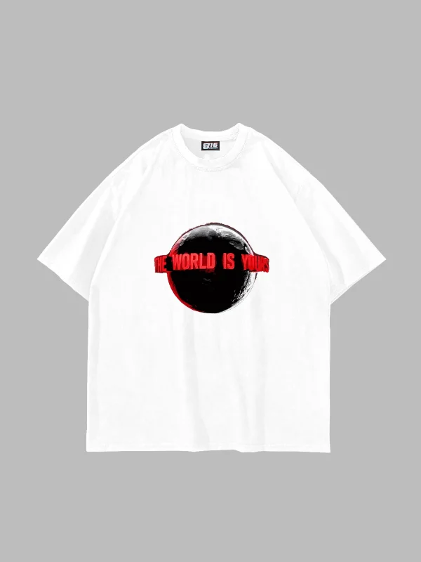 The World Is Yours V2 Baskılı Oversize Unisex Beyaz Tshirt