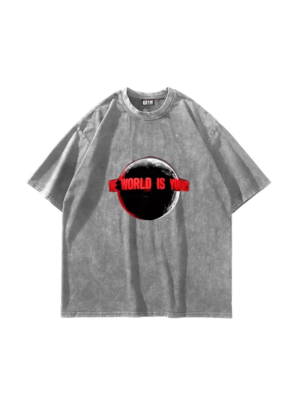 The World Is Yours V2 Baskılı Oversize Unisex Yıkamalı Beyaz Tshirt