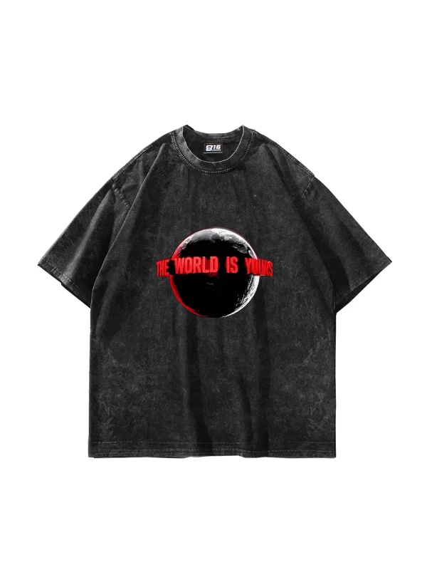 The World Is Yours V2 Baskılı Oversize Unisex Yıkamalı Siyah Tshirt