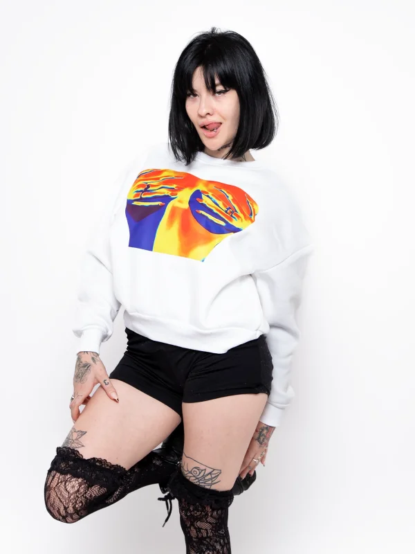 Thermal Boobs Baskılı Kapüşonsuz Relaxed Fit Kadın Beyaz Sweatshirt