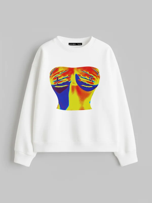 Thermal Boobs Baskılı Kapüşonsuz Relaxed Fit Kadın Beyaz Sweatshirt