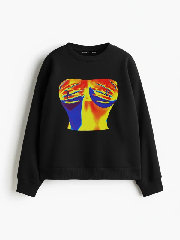 Thermal Boobs Baskılı Kapüşonsuz Relaxed Fit Kadın Siyah Sweatshirt