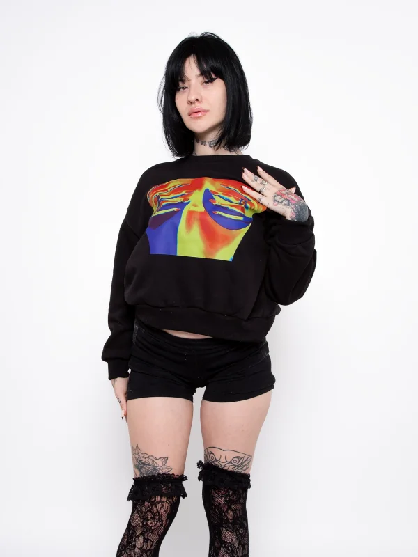 Thermal Boobs Baskılı Kapüşonsuz Relaxed Fit Kadın Siyah Sweatshirt