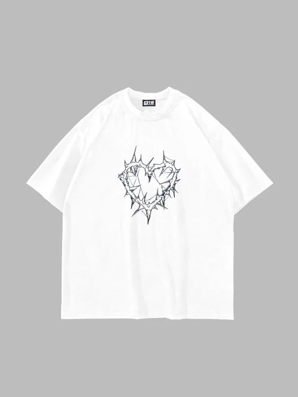 Thorny Heart Baskılı Oversize Unisex Beyaz Tshirt