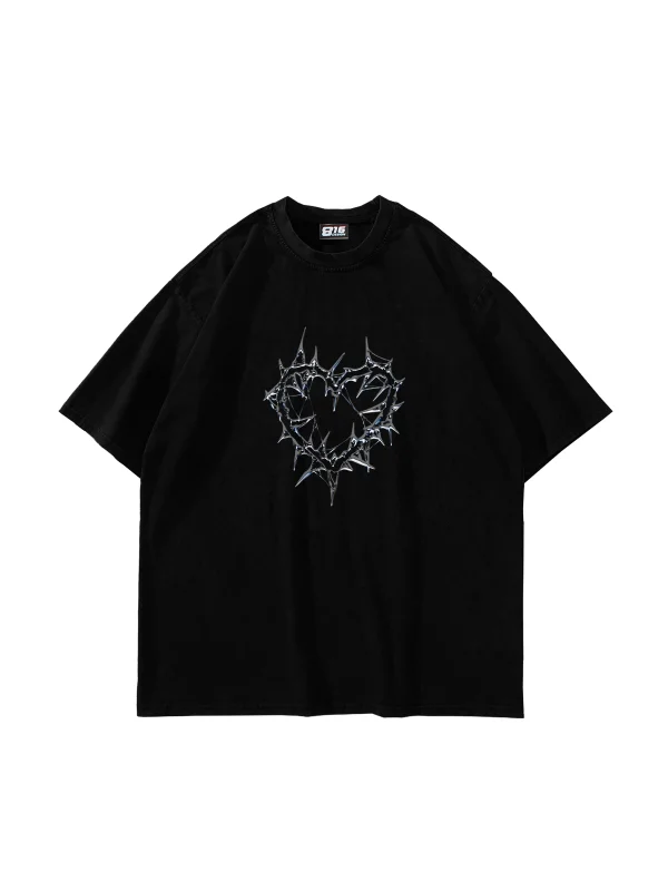 Thorny Heart Baskılı Oversize Unisex Siyah Tshirt