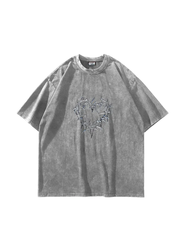 Thorny Heart Baskılı Oversize Unisex Yıkamalı Beyaz Tshirt