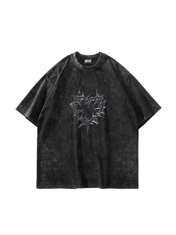 Thorny Heart Baskılı Oversize Unisex Yıkamalı Siyah Tshirt
