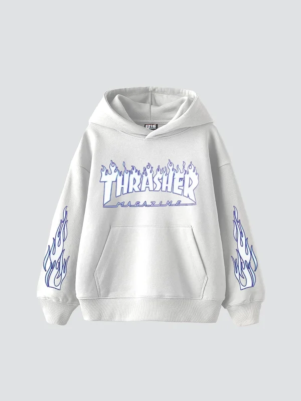 Thrasher Flam Baskılı Oversize Unisex Beyaz Hoodie