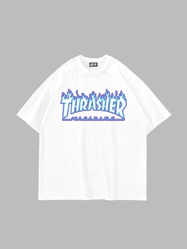 Thrasher Flam Baskılı Oversize Unisex Beyaz Tshirt