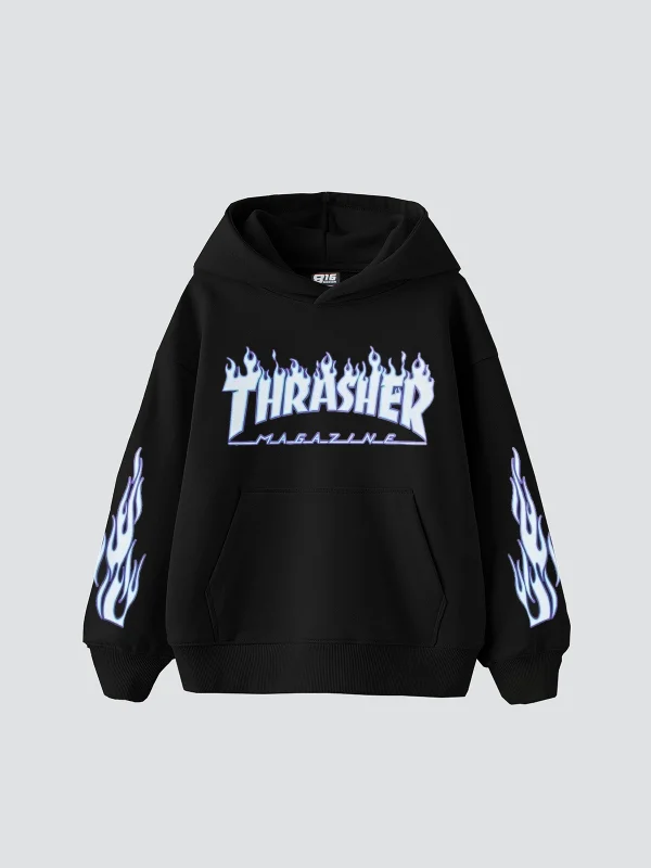 Thrasher Flam Baskılı Oversize Unisex Siyah Hoodie