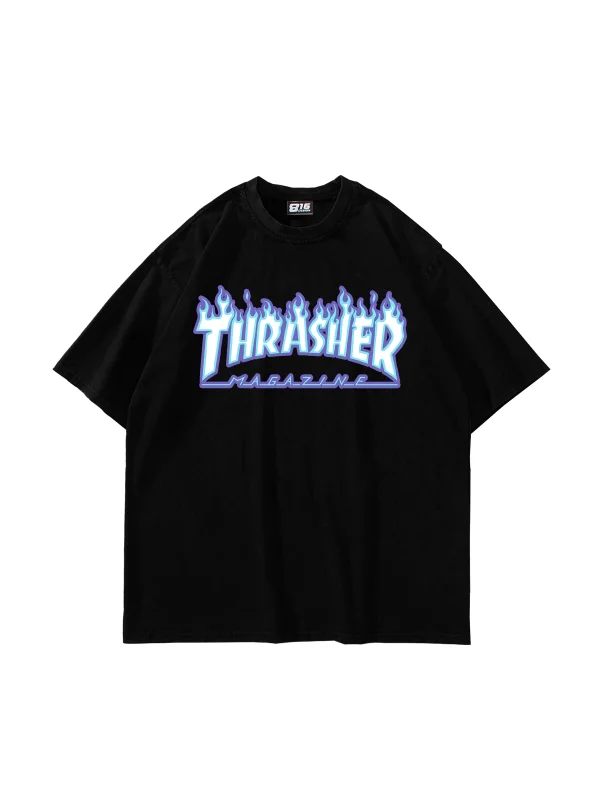 Thrasher Flam Baskılı Oversize Unisex Siyah Tshirt